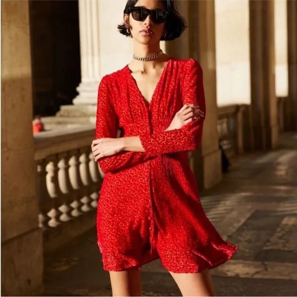 The Kooples Red Velvet Leopard Print Mini Dress XS